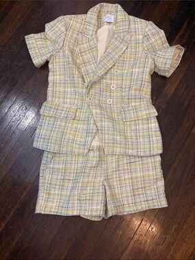Maison d’ Amelie Yellow and Blue Plaid Tweed Jacket & Shorts Set